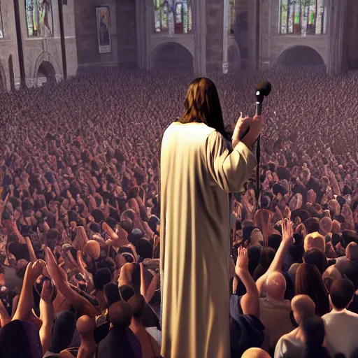 Prompt: jesus christ with a microphone rapping on a podium to a crowd of people, 4 k image, hd, high res, unreal engine, medieval