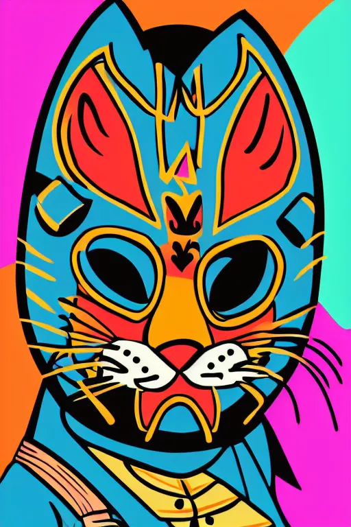 Image similar to Portrait of a cat as a Mexican wrestler in a mask, sticker, colorful, illustration, highly detailed, simple, smooth and clean vector curves, no jagged lines, vector art, smooth