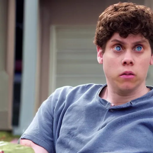 Image similar to Live Action Still of Jerma in Superbad, real life, hyperrealistic, ultra realistic, realistic, highly detailed, epic, HD quality, 8k resolution, body and headshot, film still