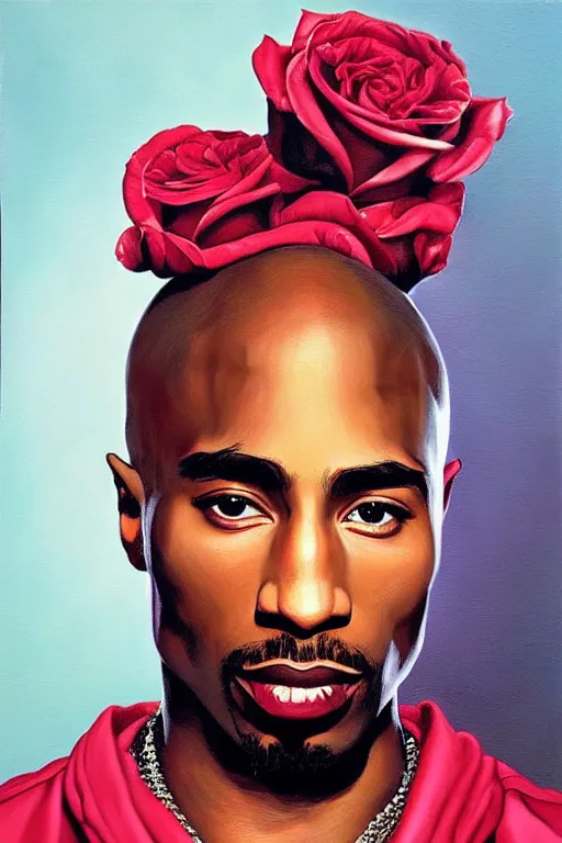 Prompt: Tupac, portrait by Kehinde Wiley!!, roses, artgerm, loish, oil painting,