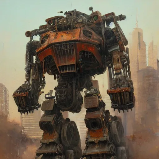 Image similar to oil painting of a huge rusting mech, that resembles a mechanical gorilla, highly detailed, complex, intricate by james gurney