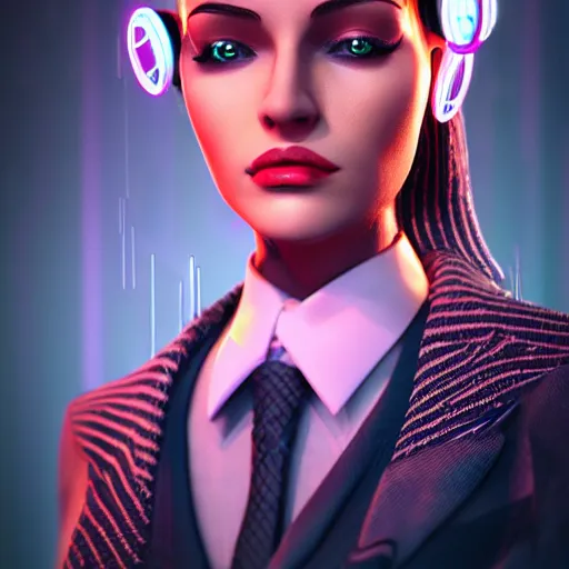 Image similar to stylish woman cartoon portrait made out of rain, pinstripe suit, top hat, cyberpunk background, rendered in octane, unreal engine, highly detailed, trending on artstation, realistic, neon, beautiful