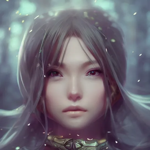 Image similar to character design, beautifull female ranger, delicate and lovely face, fantasy style clothing, anime key visual, official media, illustrated by wlop, extremely detailed, 8 k, trending on artstation, cinematic lighting, beautiful, mist, photorealistic, octane render, unreal engine, hyper detailed, volumetric lighting