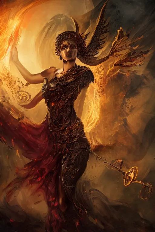Prompt: fantasy character concept portrait, digital painting, wallpaper of the goddess of darkness and evil with skin of obsidian, with veins of magma and gold, renaissance nimbus overhead, by aleksi briclot, by laura zalenga, by alexander holllow fedosav, 8 k dop dof hdr, vibrant