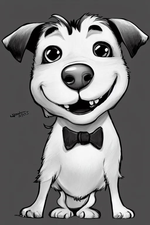 Image similar to cute jack black and white russel terrier smiling at the viewer, large round eyes, concept art, game art, character sheet, character design, sketch by cory loftis and bill schwab