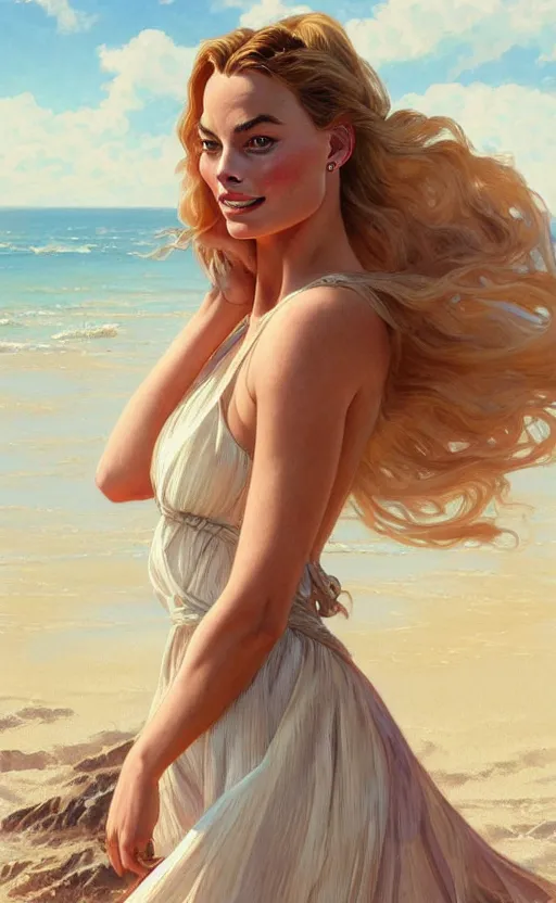 Image similar to A beautiful Margot Robbie wearing a sundress on the beach, D&D, fantasy, intricate, elegant, highly detailed, digital painting, artstation, concept art, matte, sharp focus, illustration, art by Artgerm and Greg Rutkowski and Alphonse Mucha