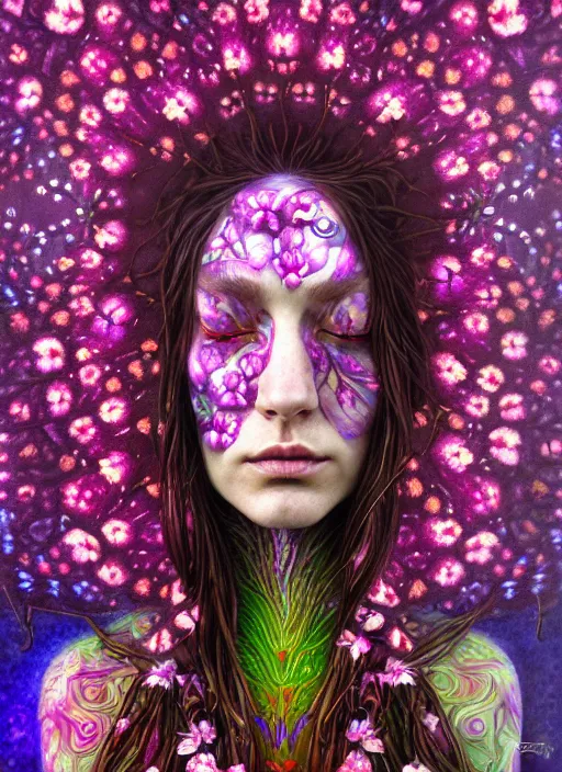 Prompt: psychedelic organic shaman made of orchids and cherry blossom trees and mushrooms, diffuse lighting, fantasy, intricate, subconscious, highly detailed, photorealistic, digital painting, artstation, beautiful woman, concept art, smooth, sharp focus, by john collier and albert aublet, by amanda sage