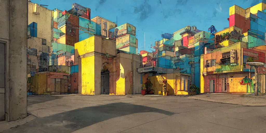 Image similar to neo brutralism, concrete housing, an archway, concept art, colorful, vivid colors, sunshine, light, shadows, reflections, oilpainting, cinematic, 3D, in the style of Akihiko Yoshida and Edward Hopper