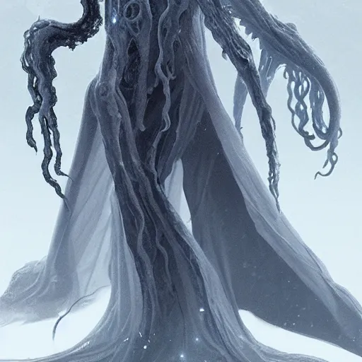 Image similar to concept designs for an end game boss that is an ethereal ghostly wraith like figure with a squid like parasite latched onto its head and long tentacle arms that flow lazily but gracefully at its sides like a cloak while it floats around a frozen rocky tundra in the snow searching for lost souls and that hides amongst the shadows in the trees, this character has hydrokinesis and electrokinesis for the resident evil village video game franchise with inspiration from the franchise Bloodborne