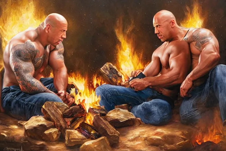 Image similar to portrait of vin diesel and dwayne the rock johnson cuddling next to a fire, an oil painting by ross tran and thomas kincade