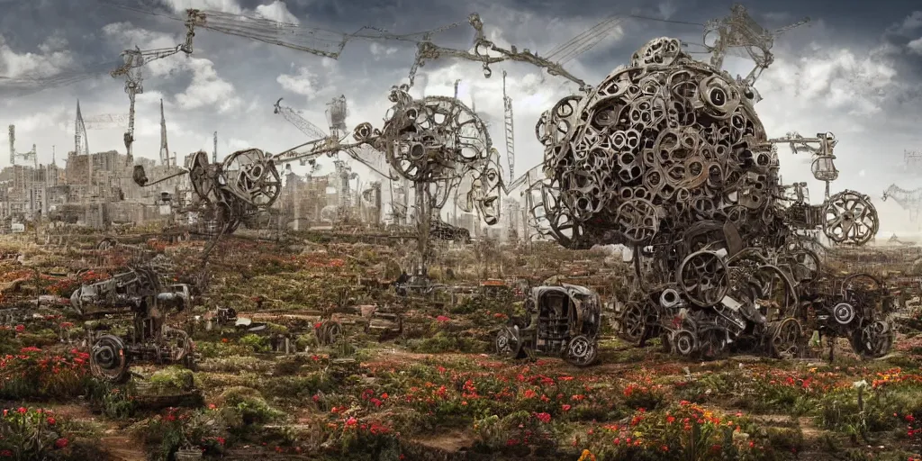 Image similar to a giant mechanical structure made of many machine parts and buildings and flowers on wheels moving through a desolate landscape, hyperrealism, highly detailed