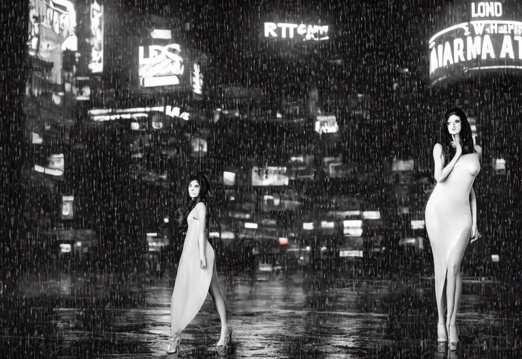 Prompt: hyperdetailed, rule of thirds, cinematic portrait with a 4 0 0 mm lens and bokeh under the dim lights of screens with advertising at a lone realistic sexy model, face with artgram, wearing a sheer, wet, see through white dress, soaked in the rain, high heels, volumetric lighting, blade runner aesthetic
