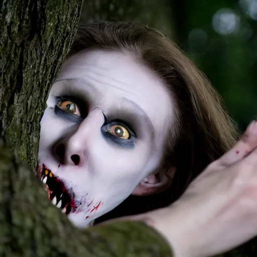 Prompt: hyper realistic horror photo of a pale, wide - eyed vampire crawling from a hole beneath a tree, cinematic, night