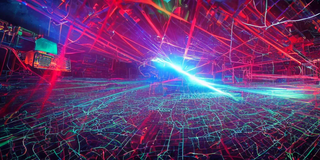 Image similar to wet complex, colored lasers, robots, circuits, smoke, god rays, wires, wet metal reflections, mirrors, infinite, close up, glowing wires, wet, ultra detailed, group of robots