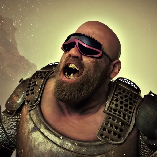 Prompt: highly detailed octane render of a close up portrait of an ugly man with a beard wearing goggles and armour and screaming in a cave whilst shooting a grenade launcher at a giant insect