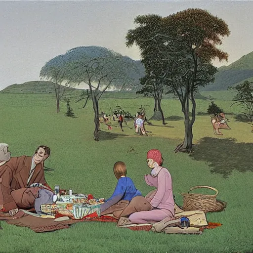 Prompt: a painting by moebius showing a picnic scene outdoor