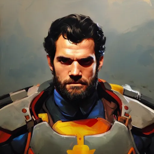 Image similar to greg manchess portrait painting of henry cavill as overwatch character, medium shot, asymmetrical, profile picture, organic painting, sunny day, matte painting, bold shapes, hard edges, street art, trending on artstation, by huang guangjian and gil elvgren and sachin teng