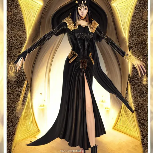 Prompt: Tall, beautiful, slender female witch with dark hair, dressed in black robes and golden body armor, in the background is a candle lit room, intricate detail, symmetrical facial features, naturally proportioned body, photorealism,