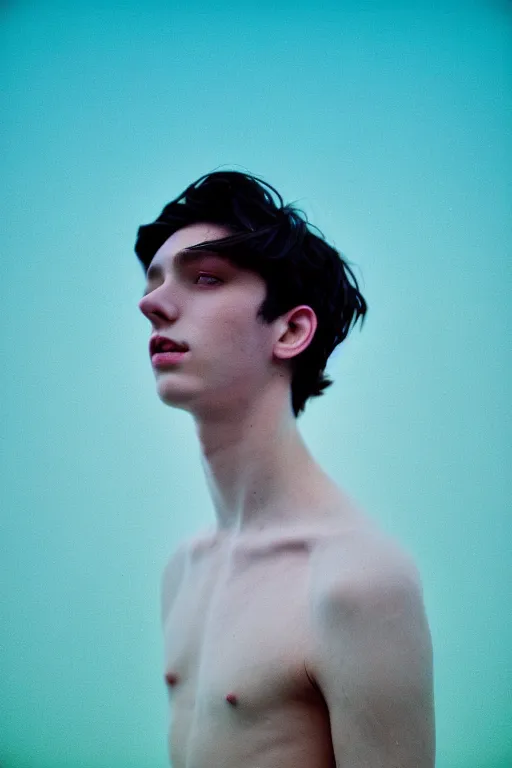 Image similar to high quality pastel coloured film mid angle docu photograph of a beautiful young 2 0 year old male, soft features, short black hair, falling in an icelandic black rock pool environment. atmospheric. three point light. photographic. art directed. ( pastel colours ). volumetric light. clearcoat. waves glitch. 8 k. filmic.