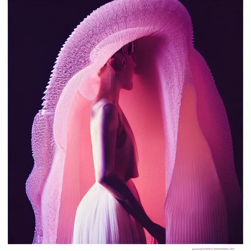 Image similar to fashion photography of a woman wearing an outfit inspired by a jellyfish, artistic photography, cinematic lighting, insanely detailed, chiaroscuro, cinestill 8 0 0 t, vogue magazine