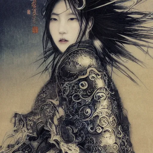 Image similar to yoshitaka amano blurred and dreamy illustration of a japanese woman with black eyes, wavy white hair fluttering in the wind wearing elden ring armor with engraving, abstract patterns in the background, noisy film grain effect, highly detailed, renaissance oil painting, weird portrait angle, blurred lost edges, three quarter view