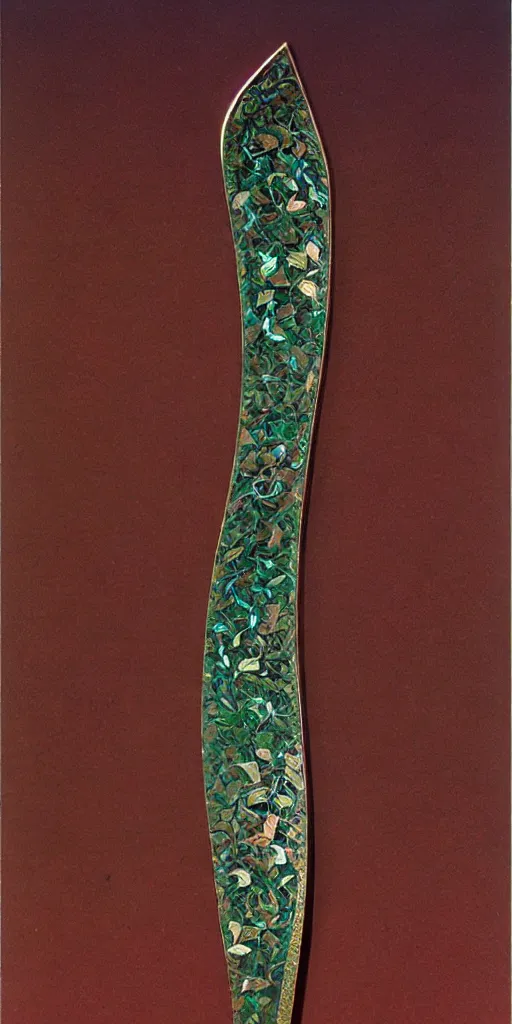 Image similar to a scimitar made from flower petals, elegant, copper and emerald inlay, brilliant, in the style of zdzisław beksinski