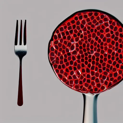Image similar to a photorealistic fork in the crimson-black honeycomb, dripping honey, professional food photography, Movie Still, Triadic color grading.