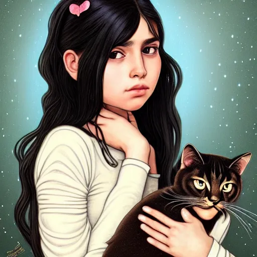 Image similar to emo mexican girl and her cat, with long dark hair, thick eyebrows!!! deep dark big shiny eyes and dark circles!, wide nose!!!, oval face shape, big cheeks! by juan villafuerte, greg rutkowski and alphonse mucha, pexels contest winner, high quality photo, rtx, hd