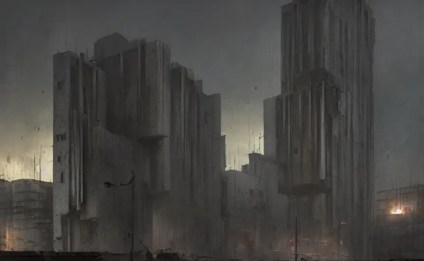 Prompt: An Exterior wide angle shot of a brutalist architecture by Peter zumthor, Greg Rutkowski and Craig Mullins, Dark atmospheric sad and cinematic lighting, Trending on artstation