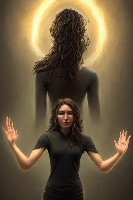 Image similar to an extremely high quality hd, a digital painting of a woman with her hands in the air, digital art by clint cearley, featured on zbrush central, metaphysical painting, lovecraftian, fractalism, cosmic horror, 8 k, ultra realistic, very realistic