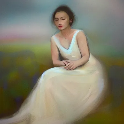 Image similar to This conceptual art captures the beauty and mystery of the woman sitting before us. Her enigmatic smile and gaze seem to invite us into her world, and we cannot help but be drawn in. The softness of her features and the delicate way she is dressed make her seem almost ethereal. The background landscape adds to the feeling of distance and mystery, making us wonder what secrets this woman holds. razzmatazz by Ben Quilty evocative