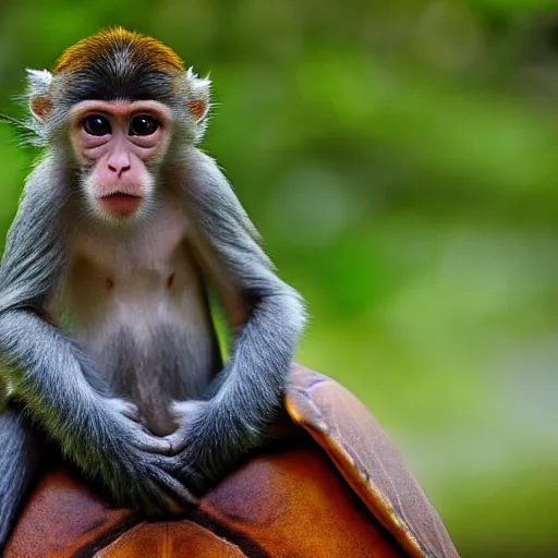 Image similar to nature photograph of a monkey sitting on the back of a turtle. national geographic