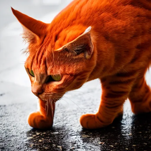 Prompt: professional photograph of a red cat who is angry drinking water