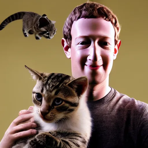 Image similar to animatronic Mark Zuckerberg with kitten, exposed mechanics, photo, Stan Winston studios, detailed, 4k