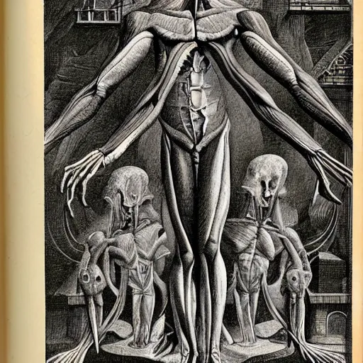 Image similar to student book of anatomy of an alien creature, by Ernst Fuchs