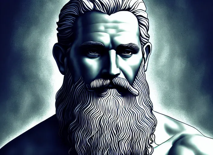 Image similar to zeus god of the sky holding the lightings + older man with a beard + father of all gods and humans + beautiful face and pretty face + intricate complexity, rule of thirds, style by artgerm, dramatic lighting