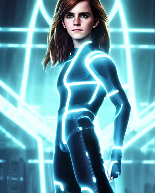 Image similar to portrait shot of emma watson in tron legacy cosplay, epic pose, concept art, by artgerm and luis royo, award winning professional photography, cinematic, octane render