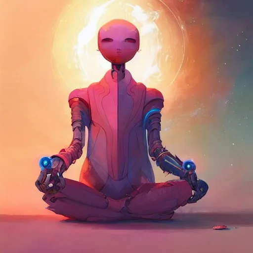 Image similar to a beautiful illustration of a humanoid robot meditating by pete mohrbacher and guweiz and josan gonzalez and and moebius and enki bilal and jean claude meziere, graphic novel