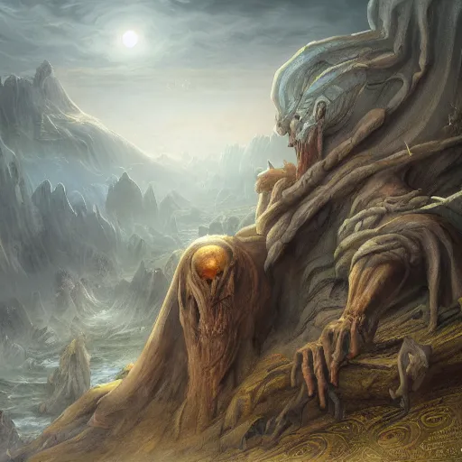 Prompt: Engraved on the wall of necromantic wizards gathered on a gloomy and mysterious island. Beneath his feet rests an ancient god oil painting, digital art, ultradetailed, artstation