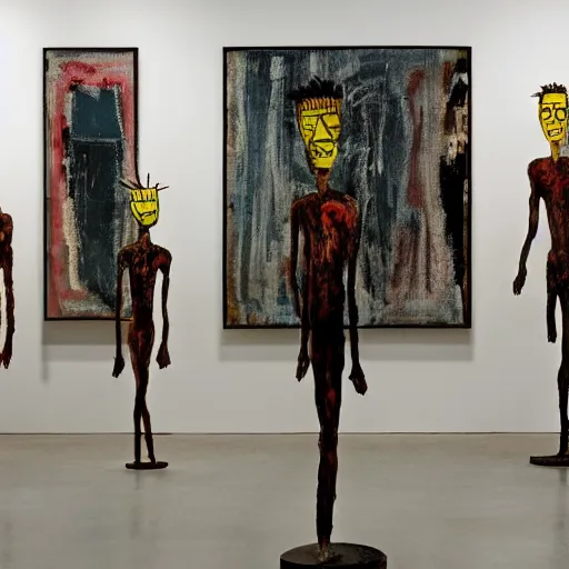 Image similar to an empty room full of bronze Jean-Michel Basquiat statues discussing their feelings