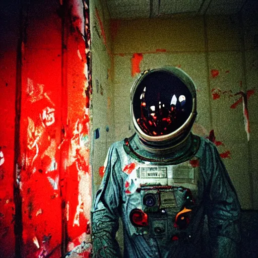 Prompt: lomo photo of reptilian in spacesuit staying in front of abandoned hospital, red splatters on the walls, dark, moody, foggy, gloomy