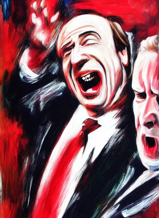 Prompt: saul goodman, screaming, painting by david lynch,'action lines '!!!, graphic style, visible brushstrokes, motion blur, blurry