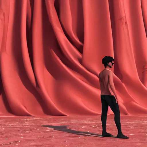 Image similar to a figure covered by red cloth that's blowing in the wind standing in a beautiful roman city, digital art, concept art, cloth simulation with houdini, octane, redshift, 8 k