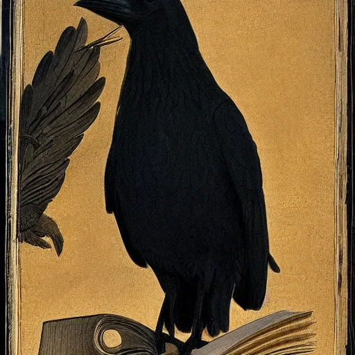 Image similar to beautifully detailed animal portrait of a detailed raven looking at a book laid out on a golden silk cloth, in a serene beautiful stone arched garden at beautiful sunrise by john james audubon and sidney cooper and frederic leighton and by rosetti, 4 k, artstation