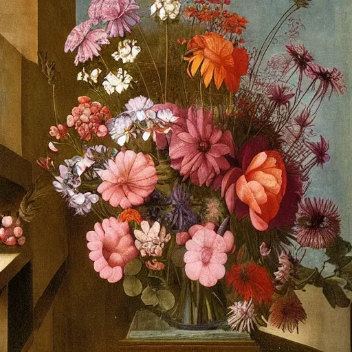 Image similar to atmospheric beautiful bouquet of bright delicate wildflowers in the sunny room of his beloved wife, wrote renaissance michelangelo