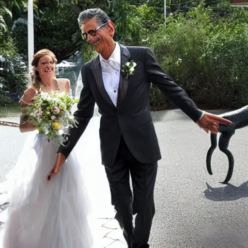 Prompt: Jeff Goldblum marries a dinosaur, photo