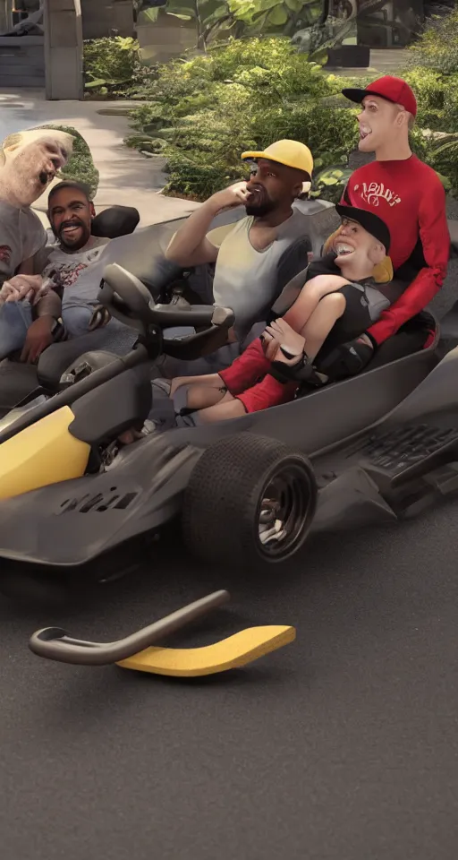 Prompt: pete a davidson and kanye west lovingly share a go kart, hdr, 8 k, bokeh, photorealistic, hyperrealistic, volumetric lighting, octane render