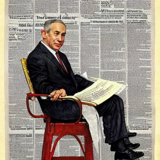 Image similar to portrait of benjamin netanyahu reading a newspaper, by norman rockwell