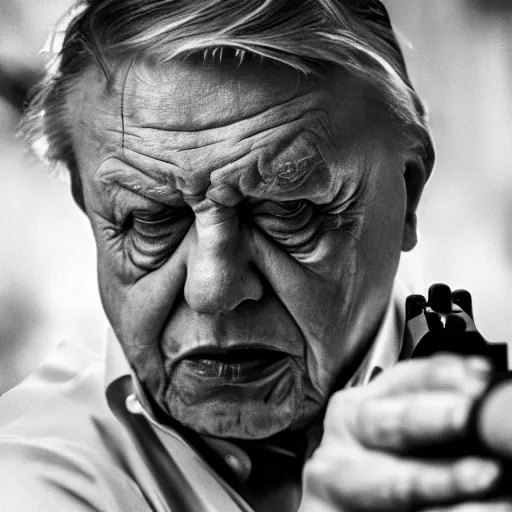 Image similar to angry david attenborough with shotgun, extreme detail, studio light, photorealistic, gritty, movie still, cinematic, bruised face, soft focus, well edited, 8 k, atmospheric, cigar,