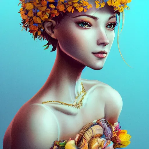 Image similar to the portrait of an absurdly beautiful, graceful, elegant young woman made of bananas and petals looking to the side, an ultrafine detailed illustration by kim jung gi, irakli nadar, intricate linework, bright colors, octopath traveler, final fantasy, angular, unreal engine 5 highly rendered, global illumination, radiant light, detailed and intricate environment